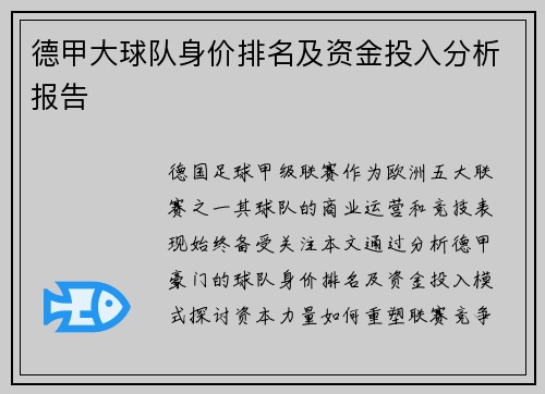 德甲大球队身价排名及资金投入分析报告