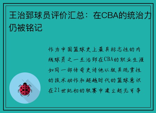 王治郅球员评价汇总：在CBA的统治力仍被铭记