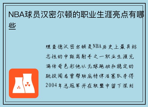 NBA球员汉密尔顿的职业生涯亮点有哪些